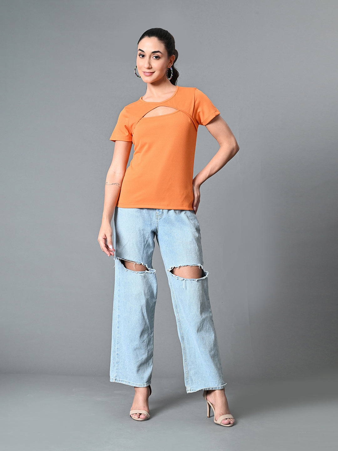 Myshka Women's Ribbed Round Neck Cut-out Short Sleeves Top in Orange Color - Distacart