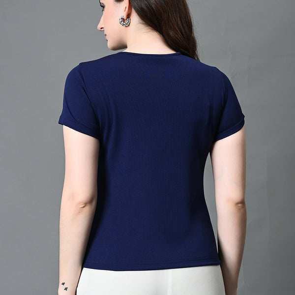 Myshka Women's Ribbed Round Neck Cut-out Short Sleeves Top in Navy Blue Color - Distacart