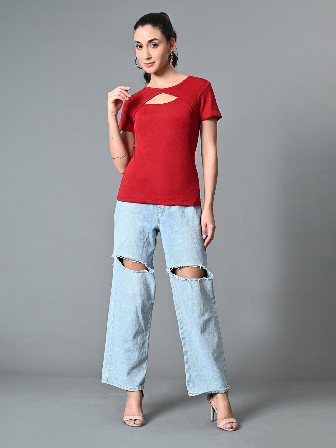 Myshka Women's Ribbed Round Neck Cut-out Short Sleeves Top in Maroon Color - Distacart