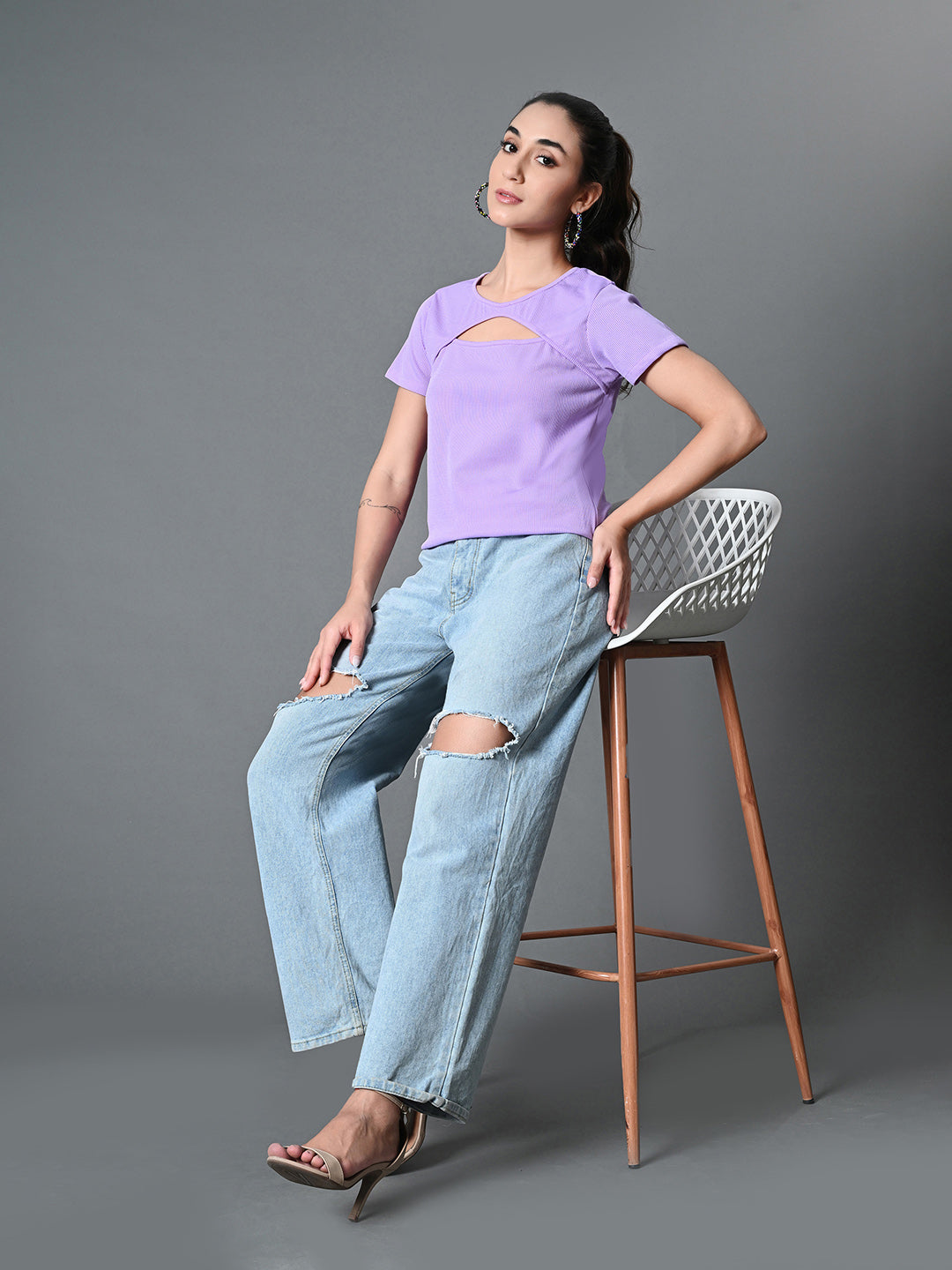 Myshka Women's Ribbed Round Neck Cut-out Short Sleeves Top in Lavender Color - Distacart