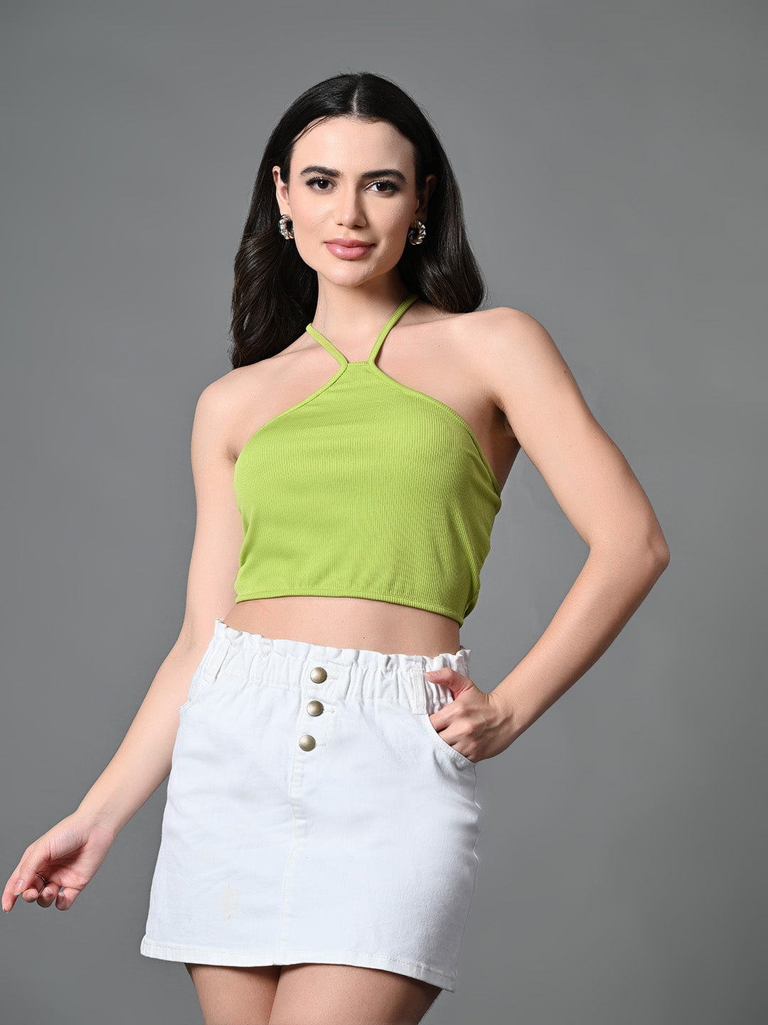 Myshka Women's Ribbed Halter Neck Sleeveless Top in Green Color