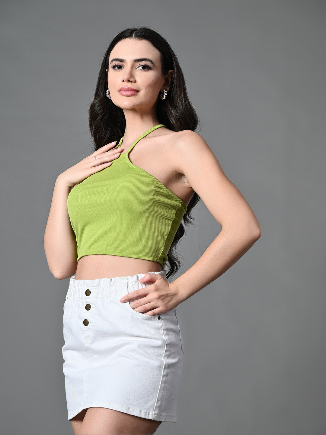 Myshka Women's Ribbed Halter Neck Sleeveless Top in Green Color - Distacart