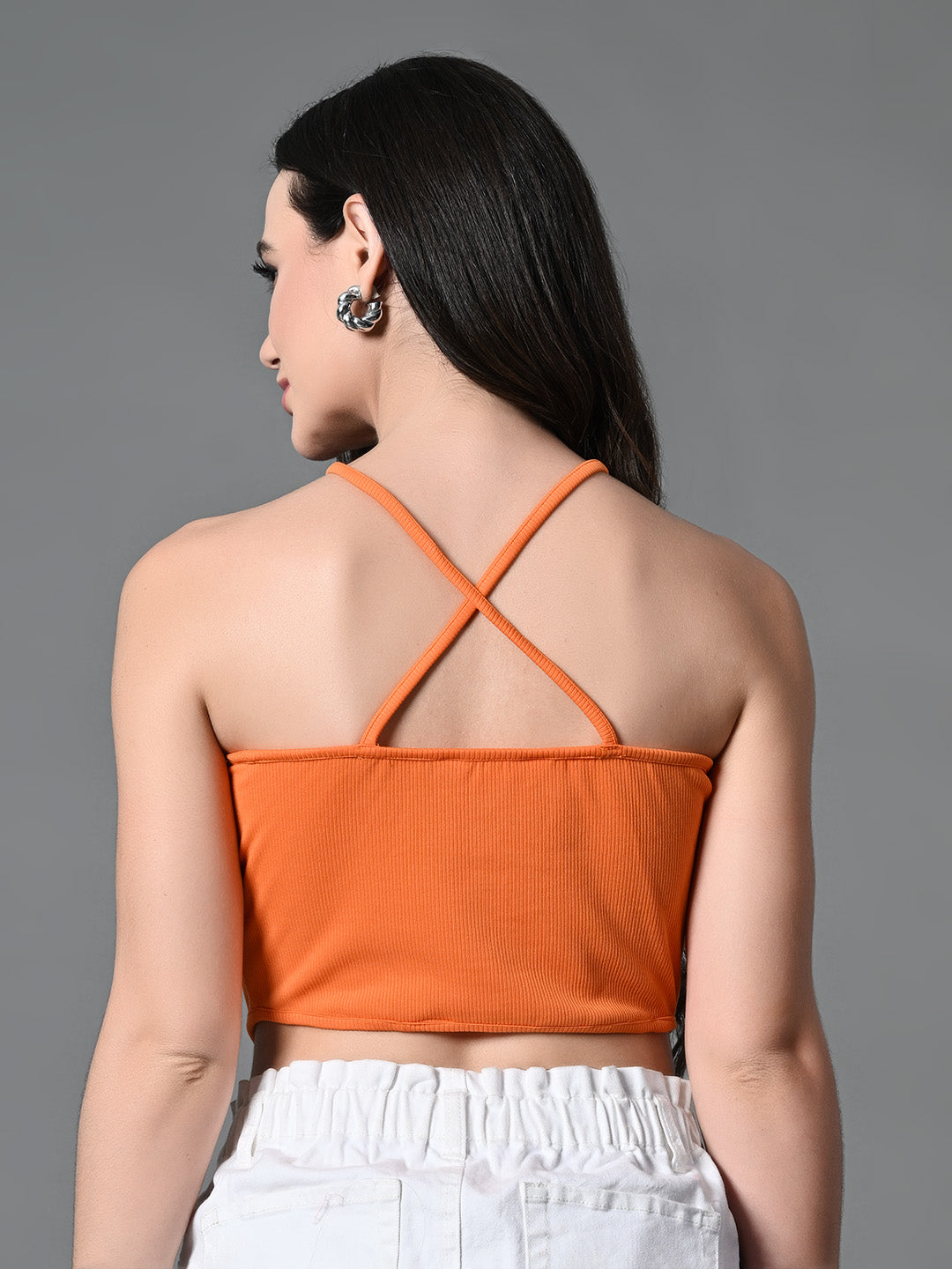 Myshka Women's Ribbed Halter Neck Sleeveless Top in Orange Color - Distacart