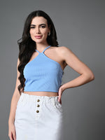 Thumbnail for Myshka Women's Ribbed Halter Neck Sleeveless Top in Blue Color