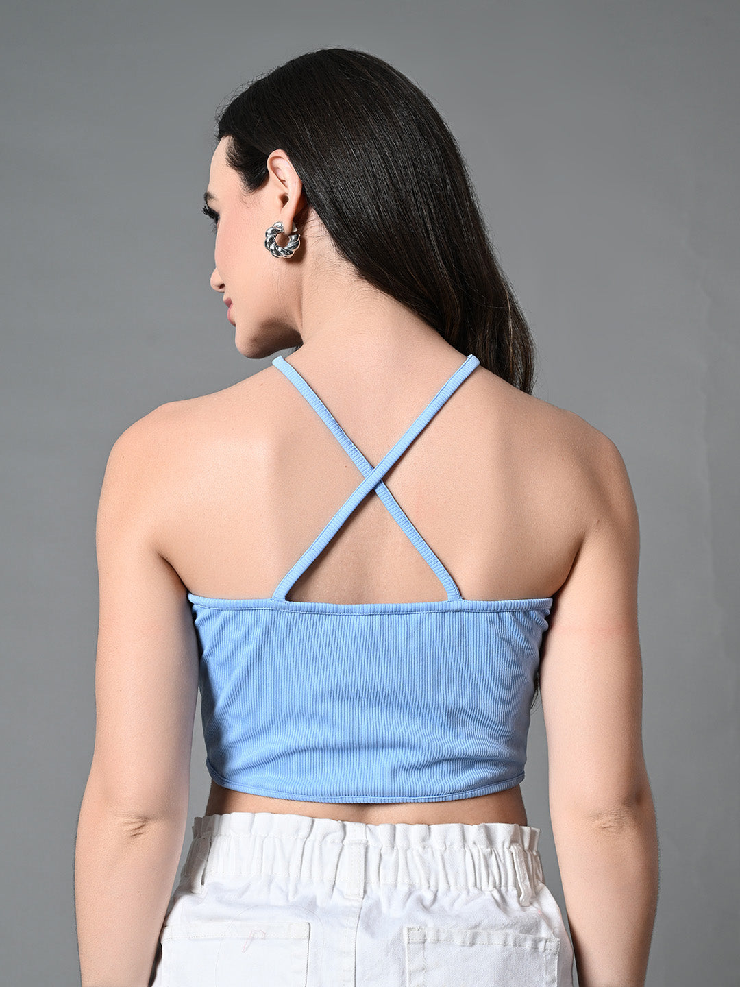 Myshka Women's Ribbed Halter Neck Sleeveless Top in Blue Color - Distacart