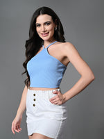 Thumbnail for Myshka Women's Ribbed Halter Neck Sleeveless Top in Blue Color