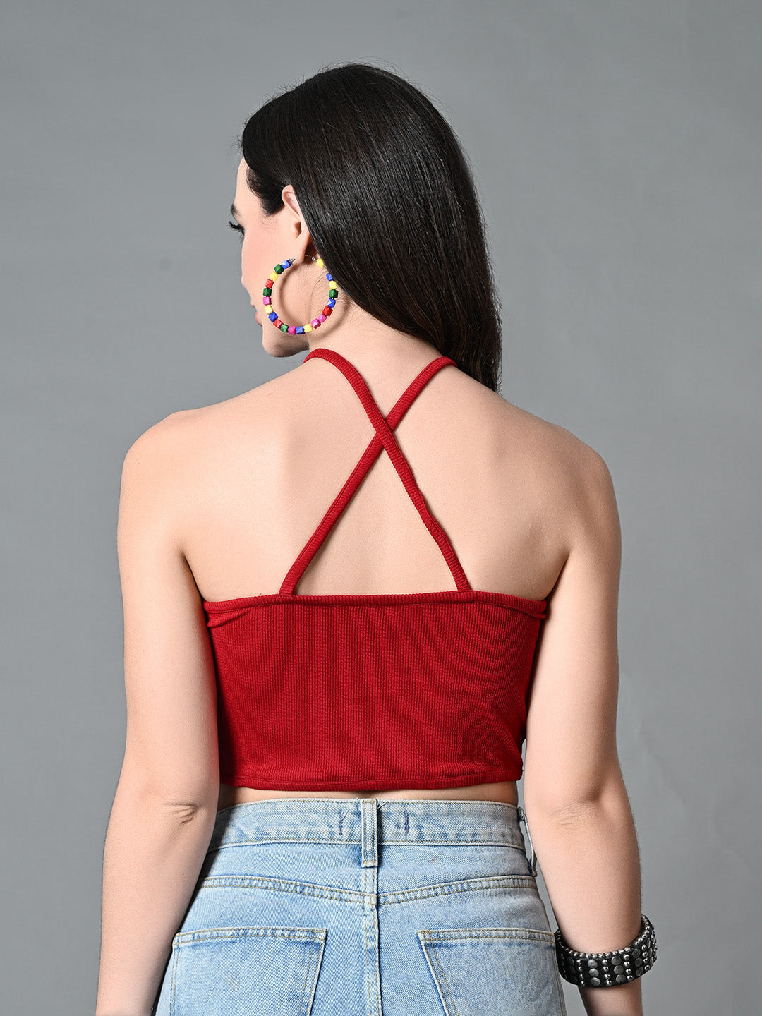 Myshka Women's Ribbed Halter Neck Sleeveless Top in Maroon Color - Distacart