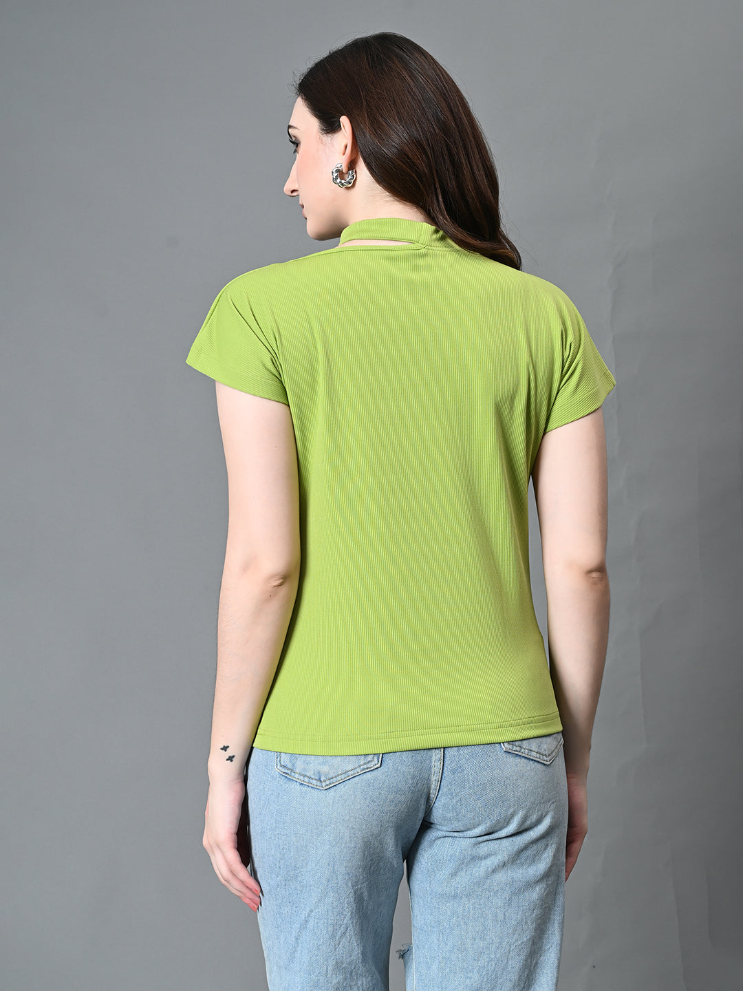 Myshka Women's Ribbed Choker Neck Cut-out Short Sleeves Top in Green Color - Distacart