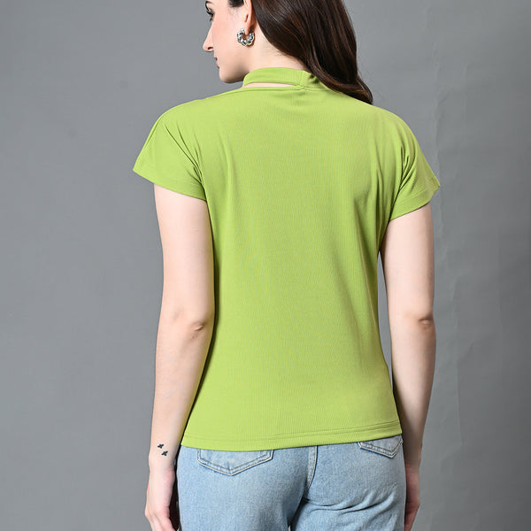 Myshka Women's Ribbed Choker Neck Cut-out Short Sleeves Top in Green Color - Distacart