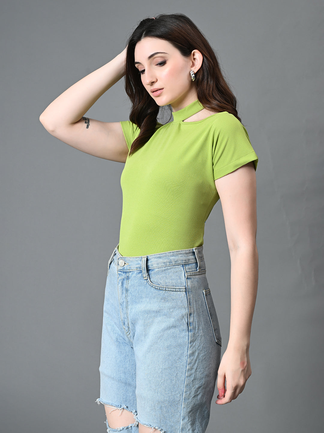 Myshka Women's Ribbed Choker Neck Cut-out Short Sleeves Top in Green Color - Distacart