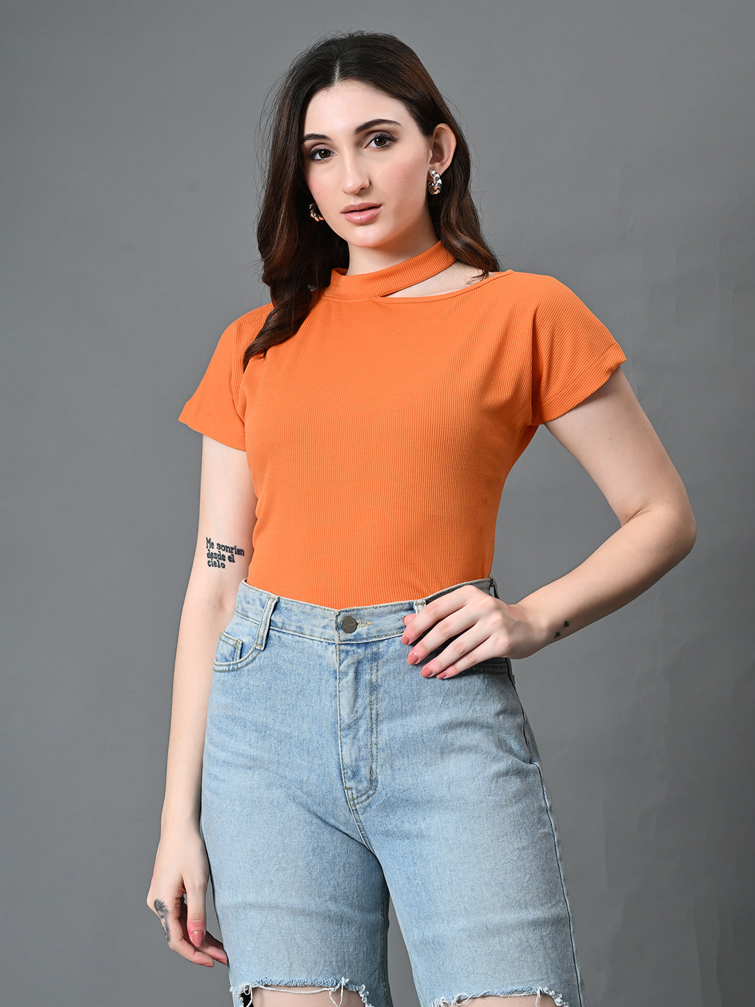 Myshka Women's Ribbed Choker Neck Cut-out Short Sleeves Top in Orange Color - Distacart