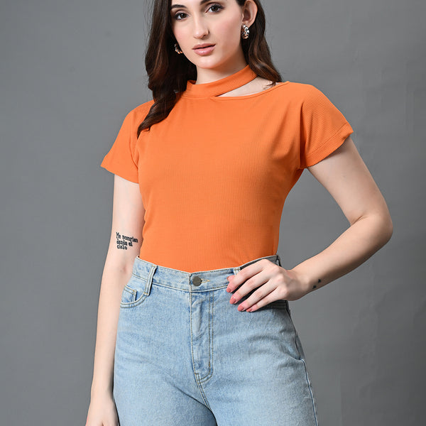 Myshka Women's Ribbed Choker Neck Cut-out Short Sleeves Top in Orange Color - Distacart