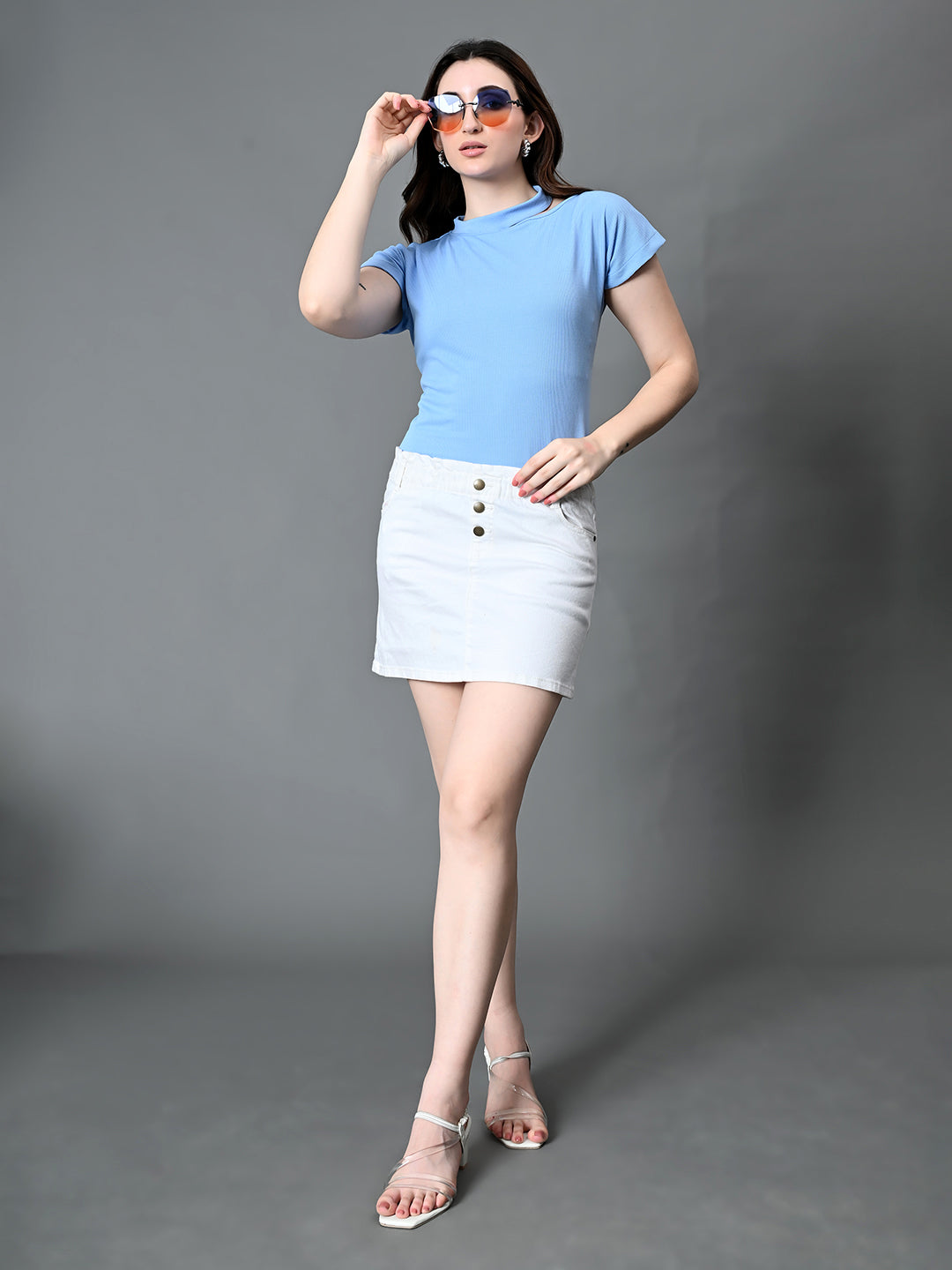 Myshka Women's Ribbed Choker Neck Cut-out Short Sleeves Top in Blue Color - Distacart