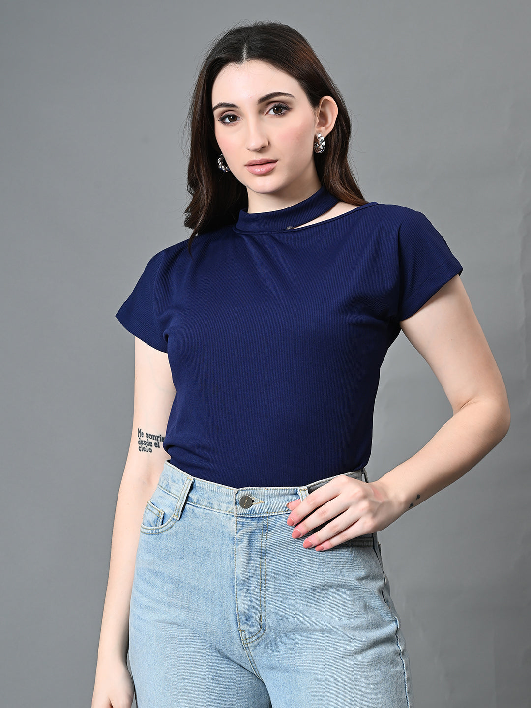Myshka Women's Ribbed Choker Neck Cut-out Short Sleeves Top in Navy Blue Color - Distacart