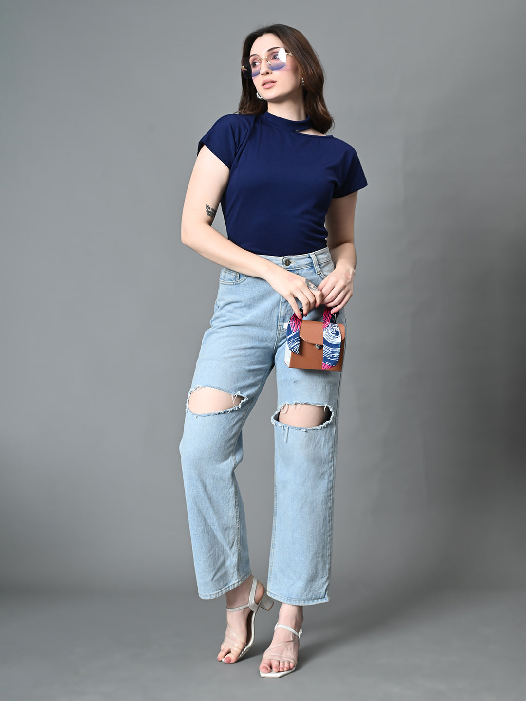 Myshka Women's Ribbed Choker Neck Cut-out Short Sleeves Top in Navy Blue Color - Distacart