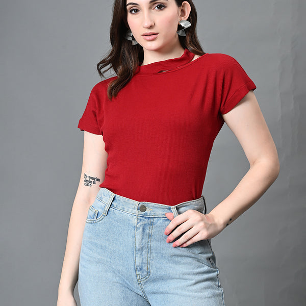 Myshka Women's Ribbed Choker Neck Cut-out Short Sleeves Top in Maroon Color - Distacart