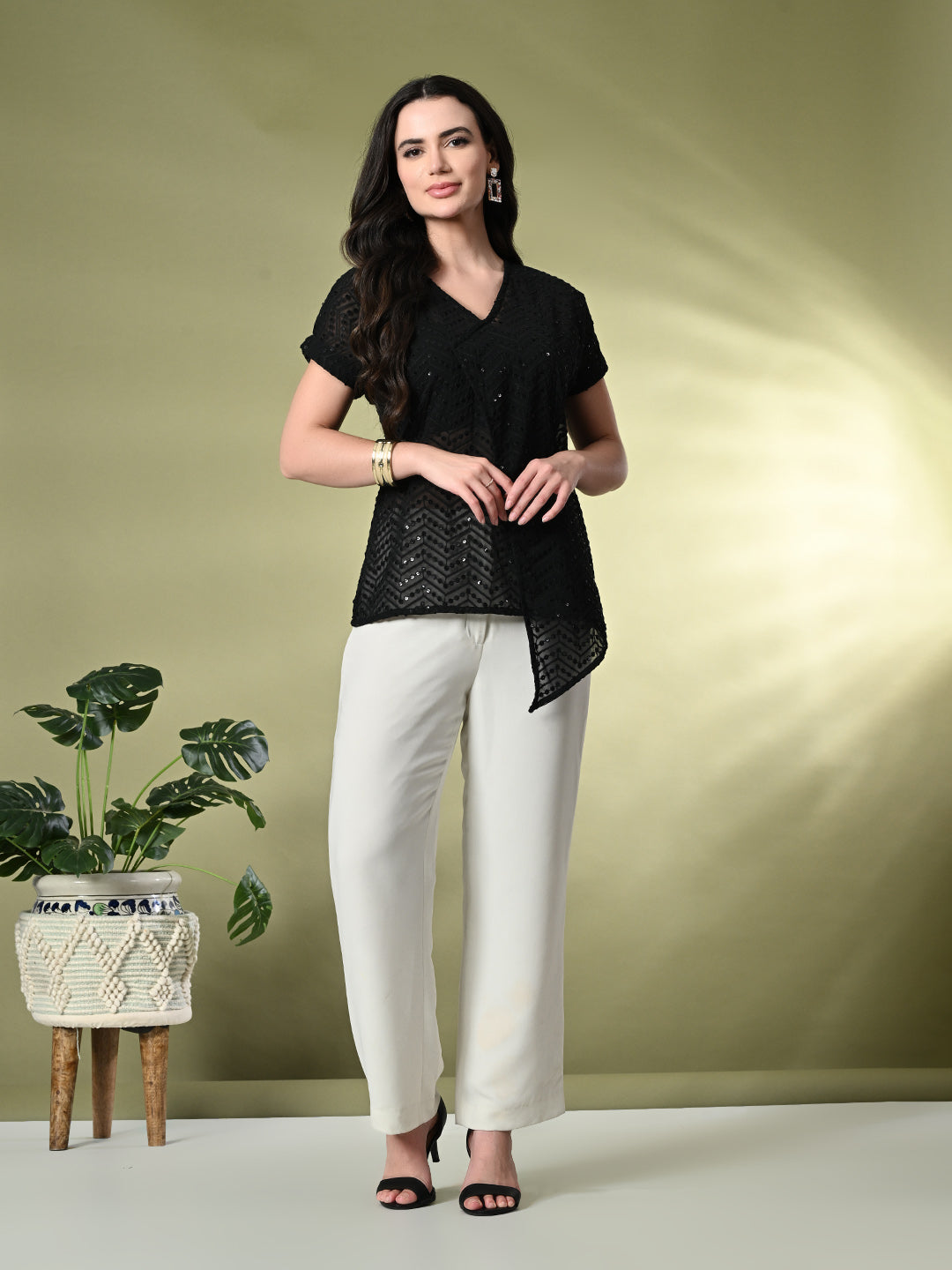 Myshka Women's Self Design Georgette High-Low Short Sleeves Party Tops In Black Color - Distacart