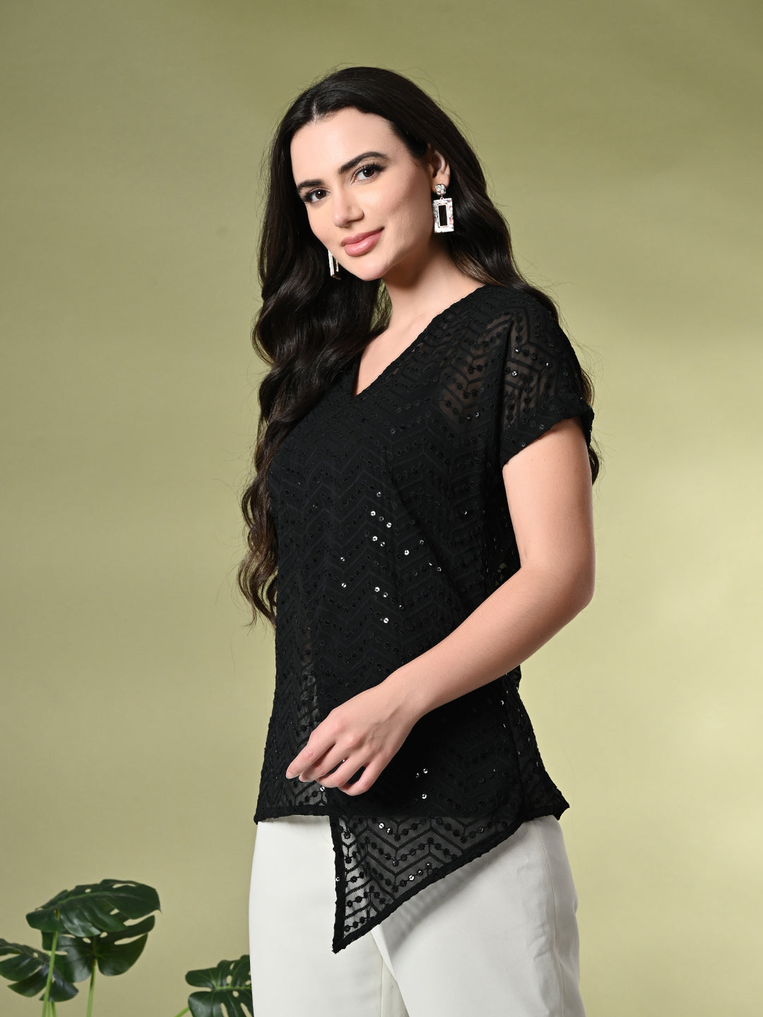 Myshka Women's Self Design Georgette High-Low Short Sleeves Party Tops In Black Color - Distacart