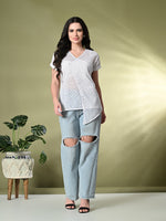 Thumbnail for Myshka Women's Self Design Georgette High-Low Short Sleeves Party Tops In White Color - Distacart