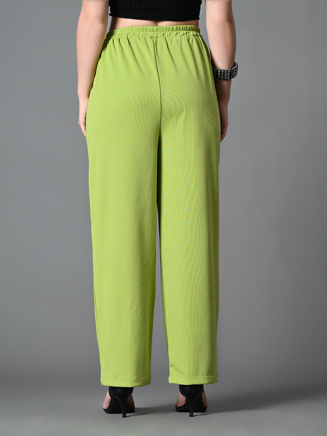 Myshka Women's Solid Ribbed High-Rise Wide Leg Casual Trousers in Green Color - Distacart