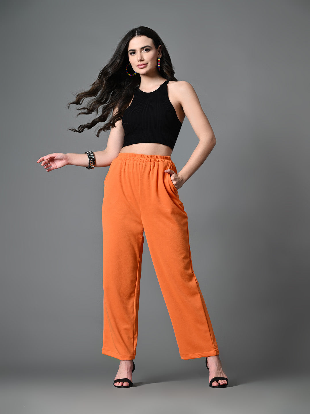 Myshka Women's Solid Ribbed High-Rise Wide Leg Casual Trousers in Orange Color - Distacart