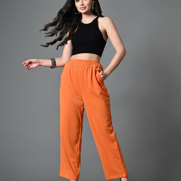 Myshka Women's Solid Ribbed High-Rise Wide Leg Casual Trousers in Orange Color - Distacart