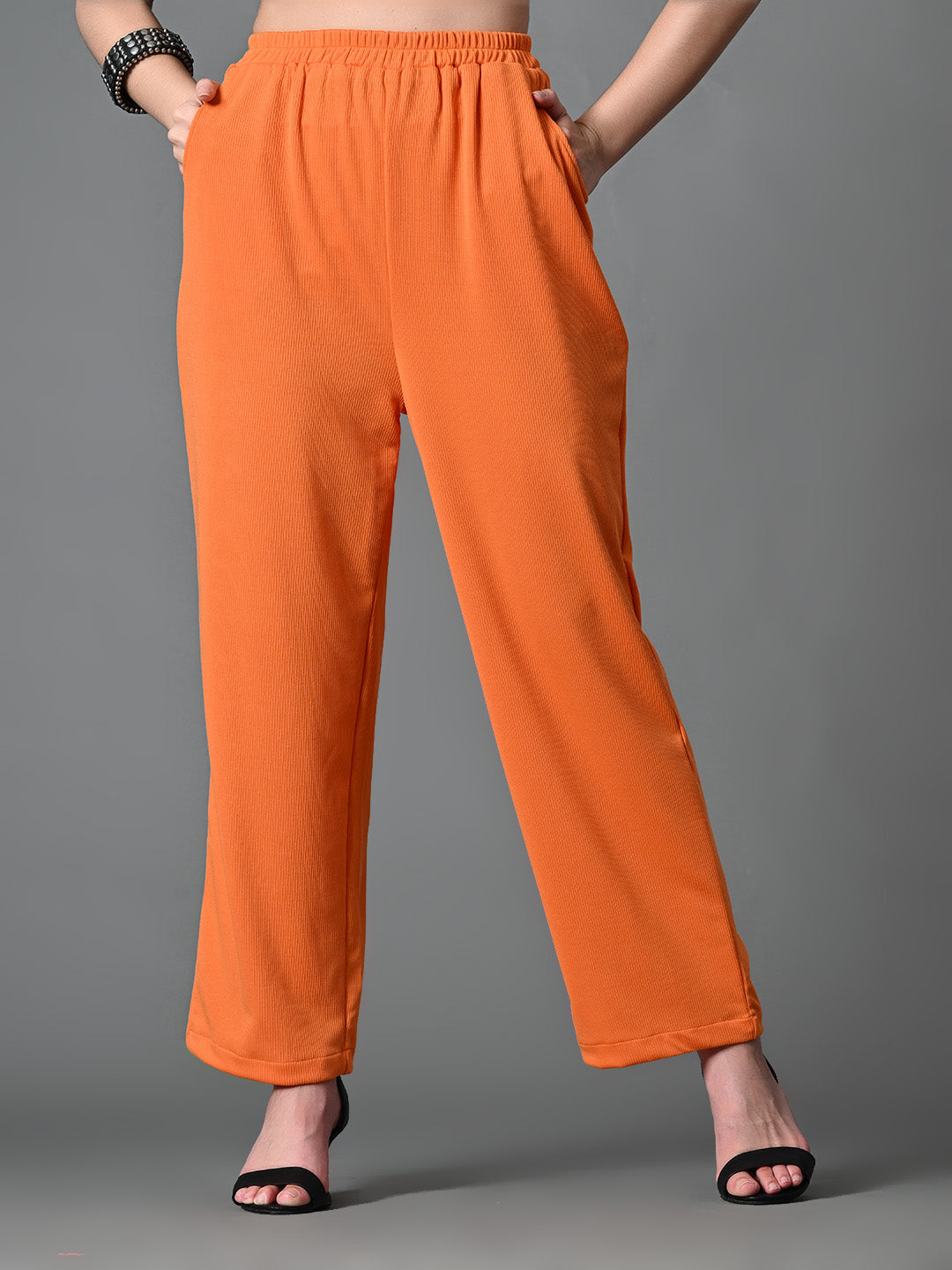 Myshka Women's Solid Ribbed High-Rise Wide Leg Casual Trousers in Orange Color - Distacart