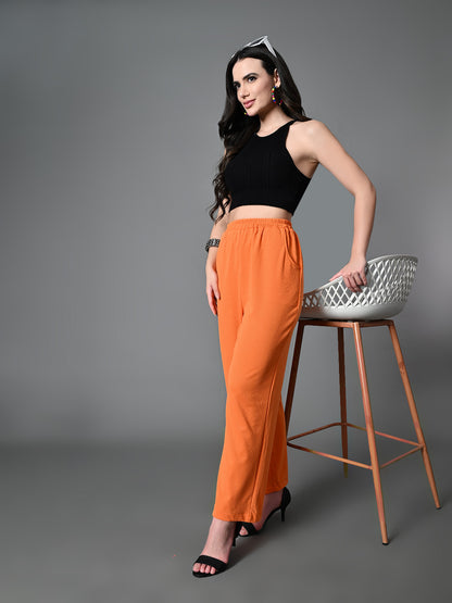Myshka Women's Solid Ribbed High-Rise Wide Leg Casual Trousers in Orange Color - Distacart