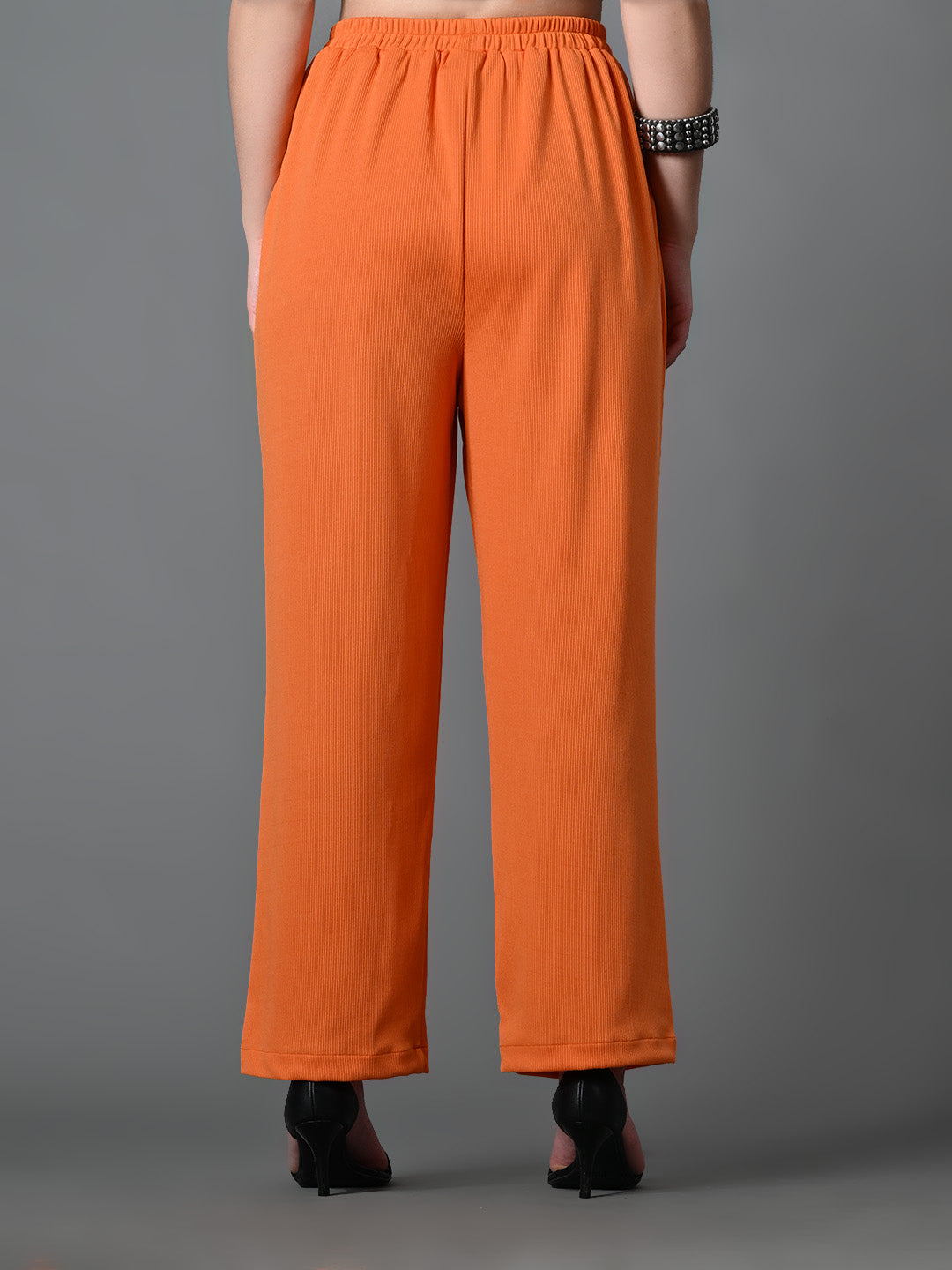 Myshka Women's Solid Ribbed High-Rise Wide Leg Casual Trousers in Orange Color - Distacart