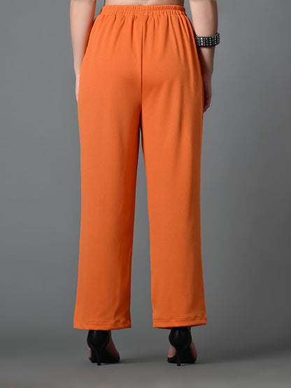 Myshka Women's Solid Ribbed High-Rise Wide Leg Casual Trousers in Orange Color - Distacart