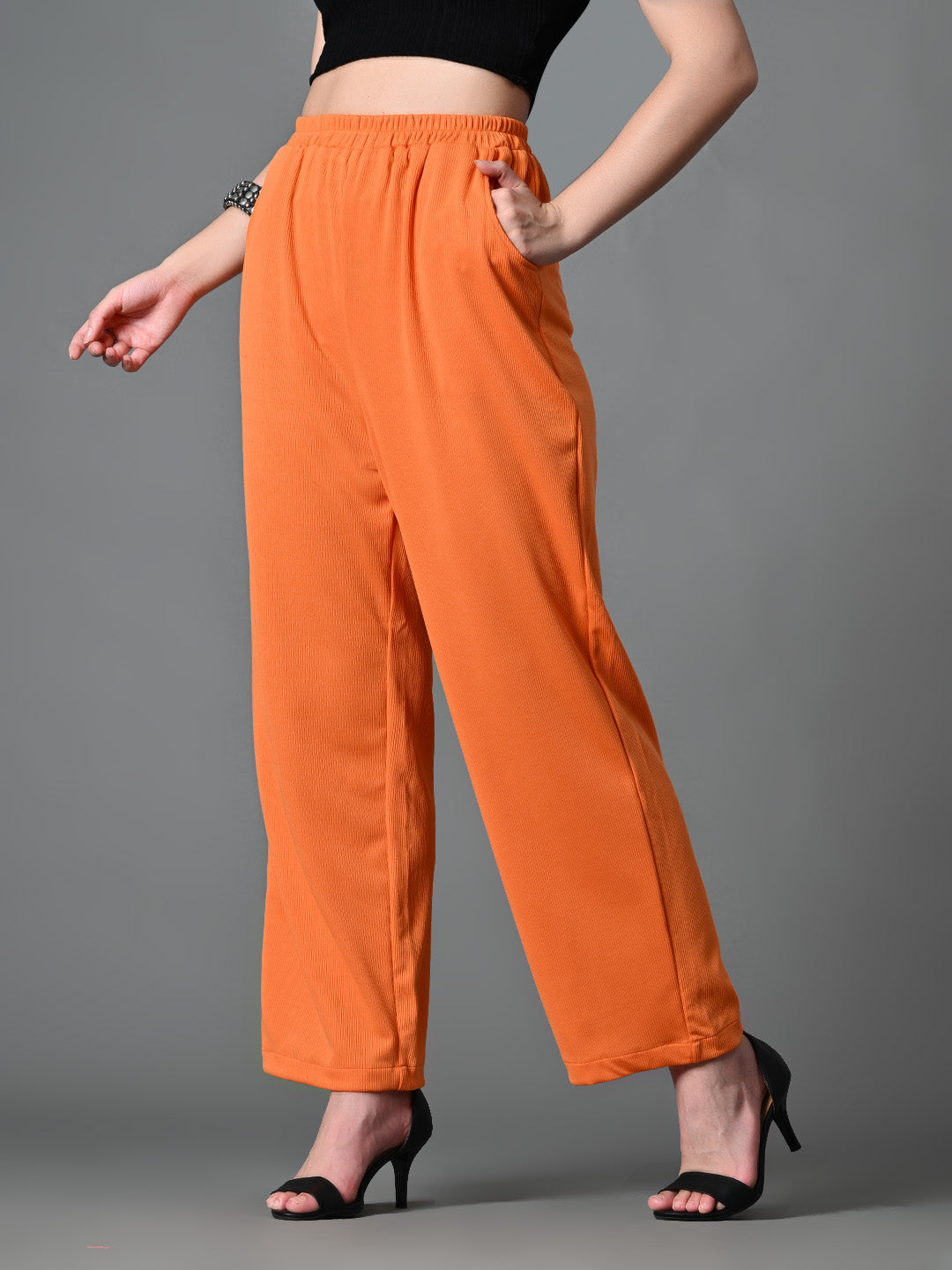 Myshka Women's Solid Ribbed High-Rise Wide Leg Casual Trousers in Orange Color - Distacart