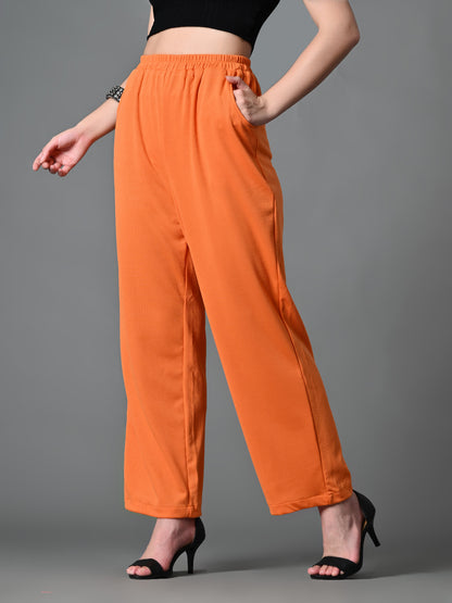 Myshka Women's Solid Ribbed High-Rise Wide Leg Casual Trousers in Orange Color - Distacart