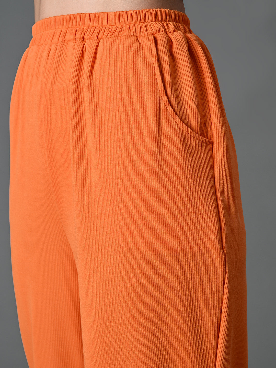 Myshka Women's Solid Ribbed High-Rise Wide Leg Casual Trousers in Orange Color - Distacart