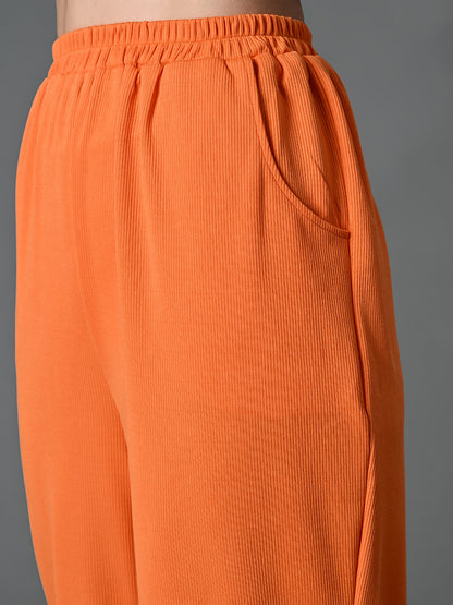 Myshka Women's Solid Ribbed High-Rise Wide Leg Casual Trousers in Orange Color - Distacart