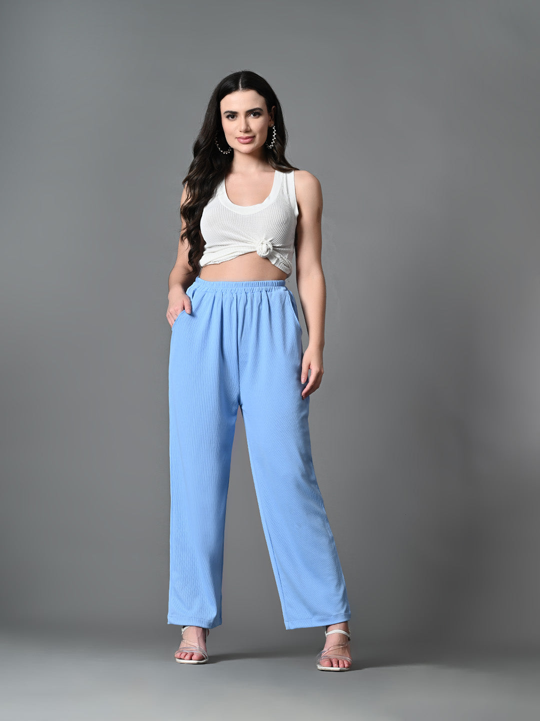 Myshka Women's Solid Ribbed High-Rise Wide Leg Casual Trousers in Blue Color - Distacart