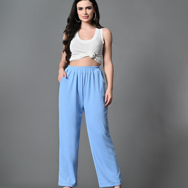 Myshka Women's Solid Ribbed High-Rise Wide Leg Casual Trousers in Blue Color - Distacart