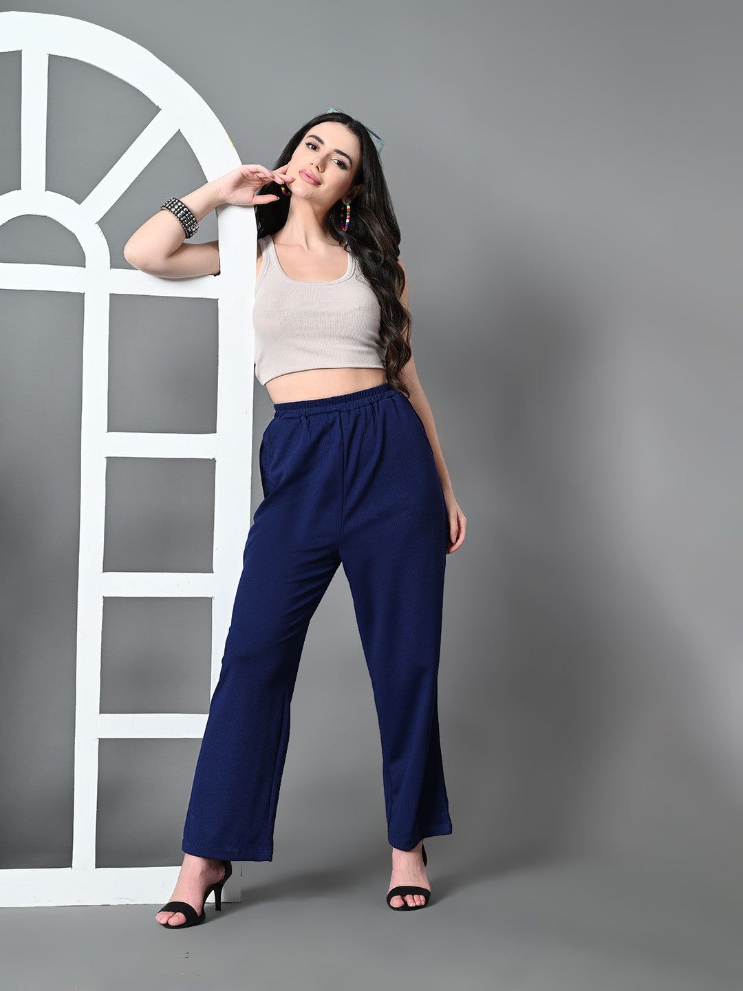 Myshka Women's Solid Ribbed High-Rise Wide Leg Casual Trousers in Navy Blue Color - Distacart