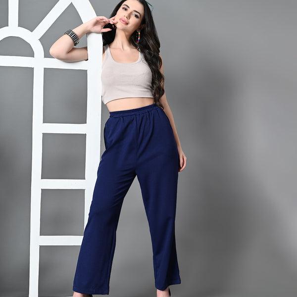 Myshka Women's Solid Ribbed High-Rise Wide Leg Casual Trousers in Navy Blue Color - Distacart