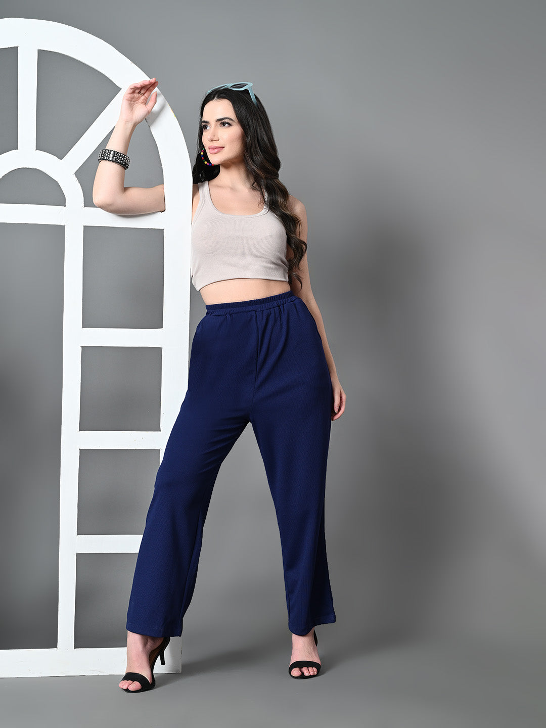 Myshka Women's Solid Ribbed High-Rise Wide Leg Casual Trousers in Navy Blue Color - Distacart