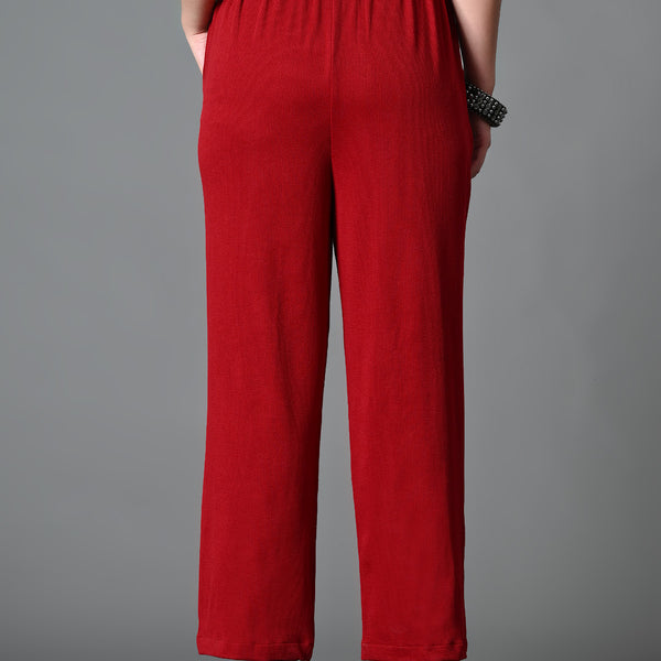 Myshka Women's Solid Ribbed High-Rise Wide Leg Casual Trousers in Maroon Color - Distacart