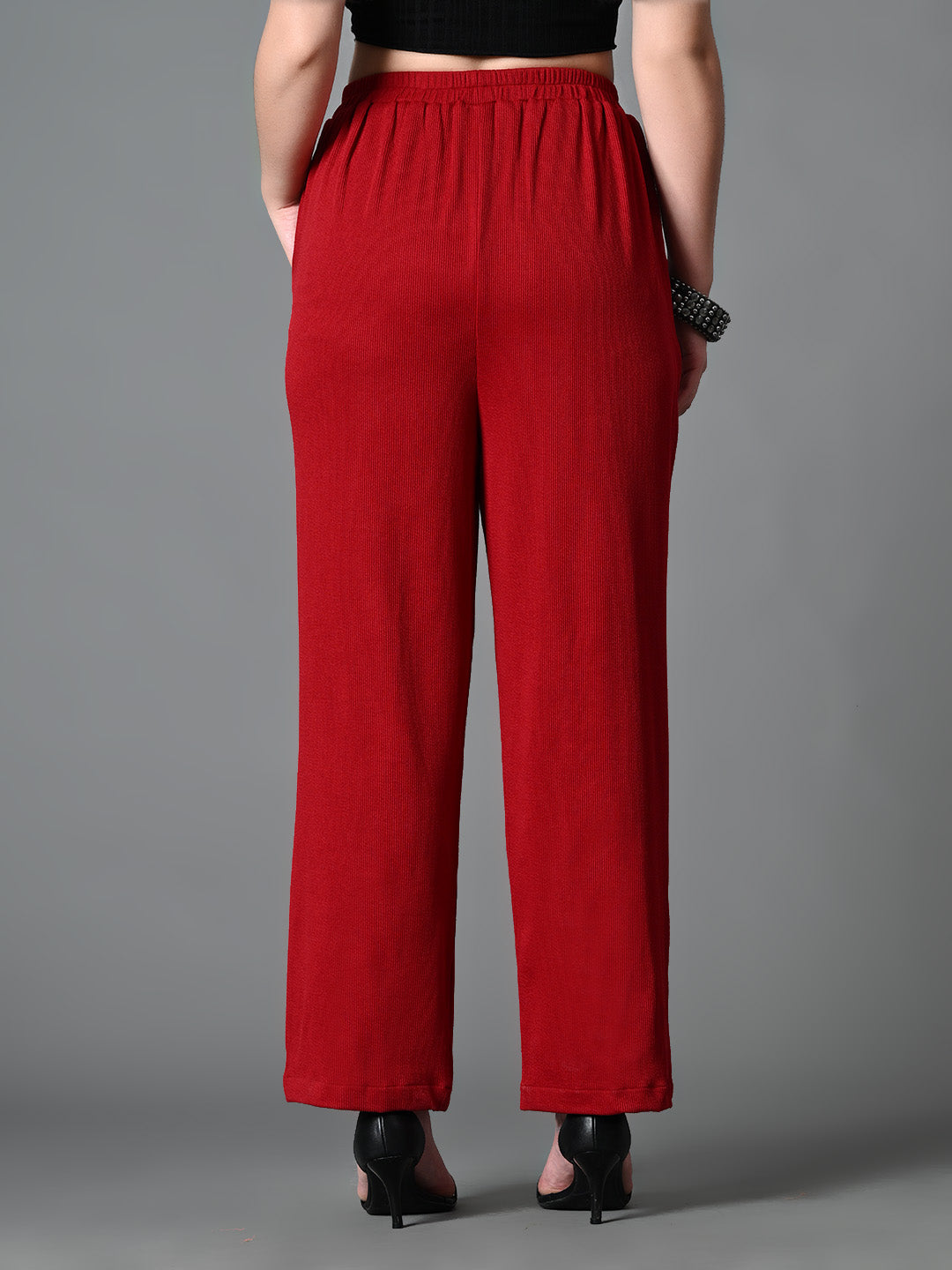 Myshka Women's Solid Ribbed High-Rise Wide Leg Casual Trousers in Maroon Color - Distacart