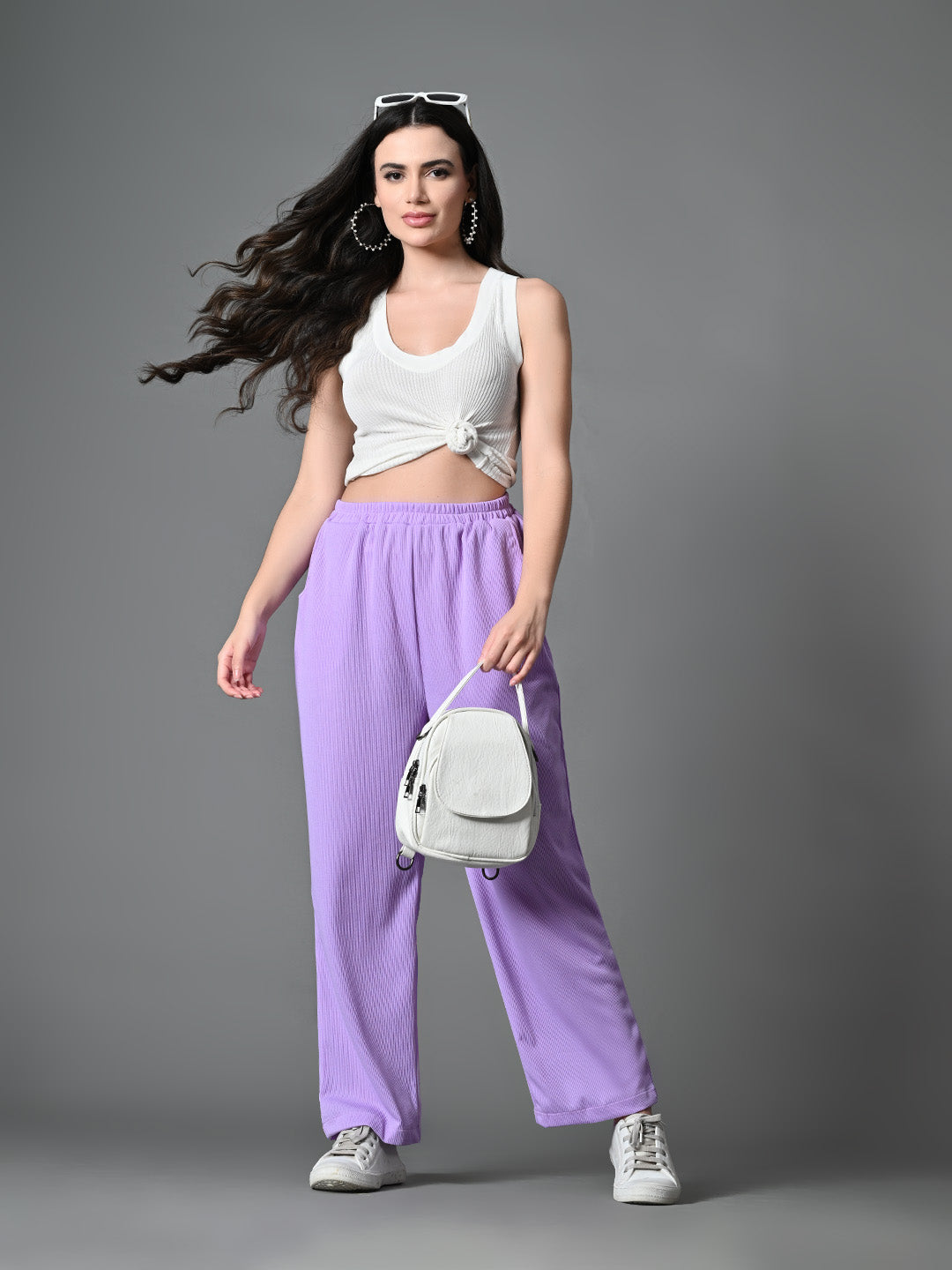 Myshka Women's Solid Ribbed High-Rise Wide Leg Casual Trousers in Lavender Color - Distacart
