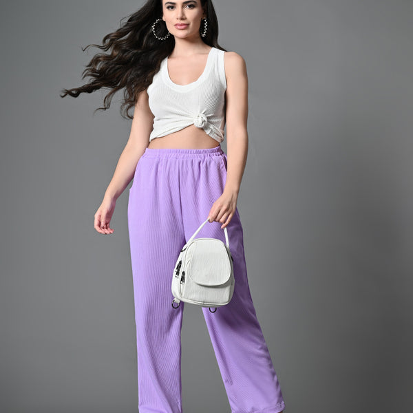 Myshka Women's Solid Ribbed High-Rise Wide Leg Casual Trousers in Lavender Color - Distacart