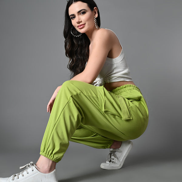 Myshka Women's Solid Ribbed High-Rise Cargo Style Casual Trousers in Green Color - Distacart