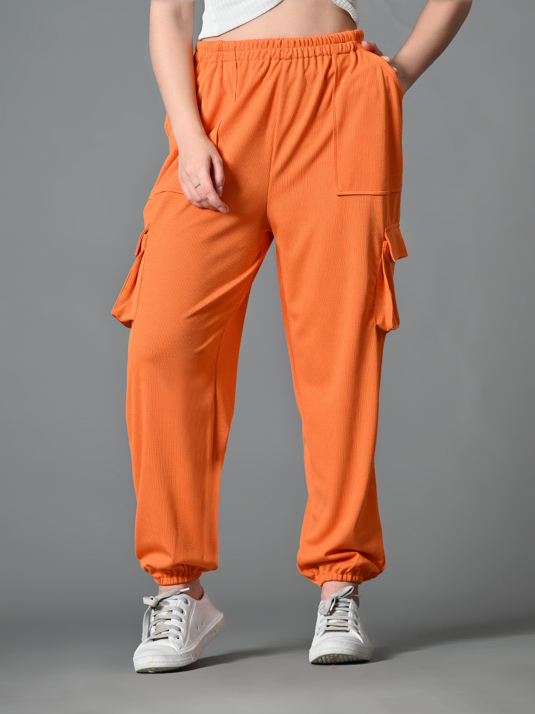 Myshka Women's Solid Ribbed High-Rise Cargo Style Casual Trousers in Orange Color - Distacart