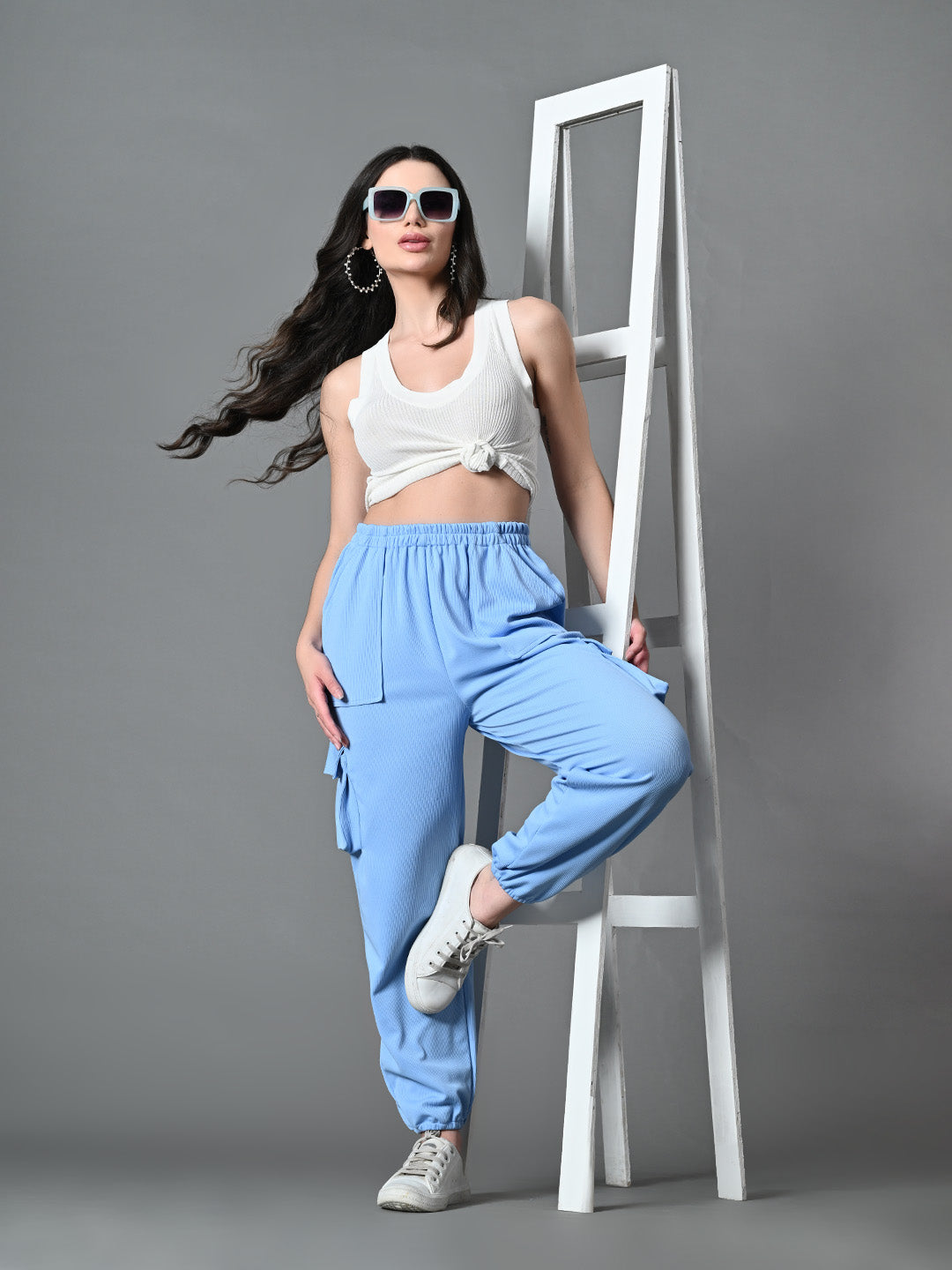 Myshka Women's Solid Ribbed High-Rise Cargo Style Casual Trousers in Blue Color - Distacart