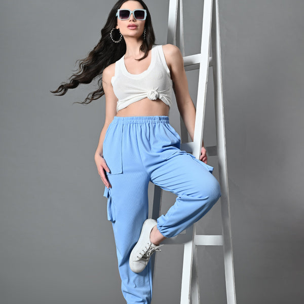 Myshka Women's Solid Ribbed High-Rise Cargo Style Casual Trousers in Blue Color - Distacart