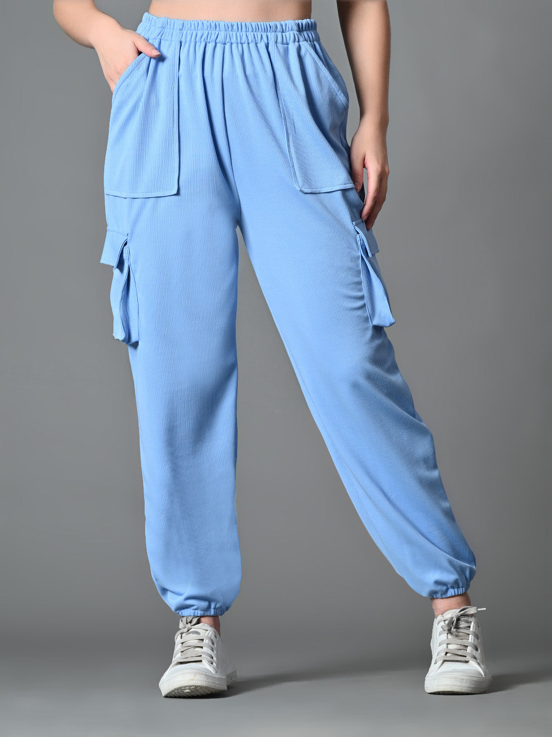 Myshka Women's Solid Ribbed High-Rise Cargo Style Casual Trousers in Blue Color - Distacart
