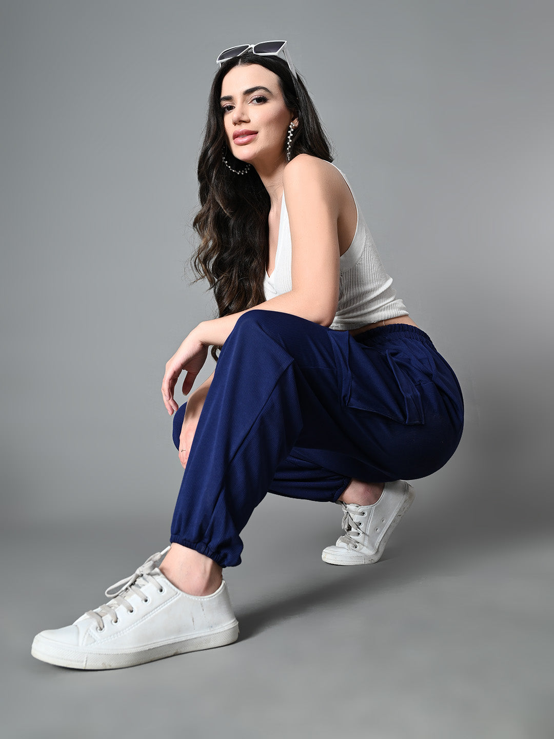 Myshka Women's Solid Ribbed High-Rise Cargo Style Casual Trousers in Navy Blue Color - Distacart