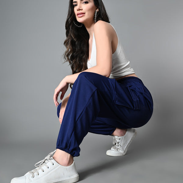 Myshka Women's Solid Ribbed High-Rise Cargo Style Casual Trousers in Navy Blue Color - Distacart